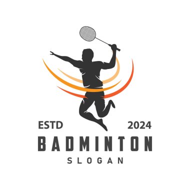 Badminton logo vektörü siyah siluet badminton spor oyuncusu vintage minimalist raket ve servis horozu tasarım örnekleme şablonu