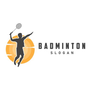 Badminton logo vektörü siyah siluet badminton spor oyuncusu vintage minimalist raket ve servis horozu tasarım örnekleme şablonu