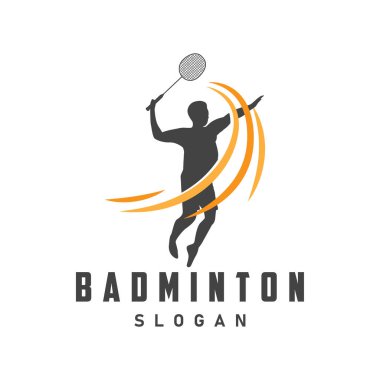 Badminton logo vektörü siyah siluet badminton spor oyuncusu vintage minimalist raket ve servis horozu tasarım örnekleme şablonu