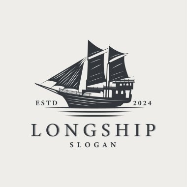 Klasik Viking uzun gemi savaş gemisi logosu geleneksel okyanus yelkenlisi silueti tasarımı