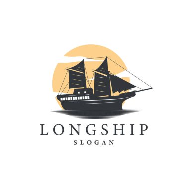 Klasik Viking uzun gemi savaş gemisi logosu geleneksel okyanus yelkenlisi silueti tasarımı