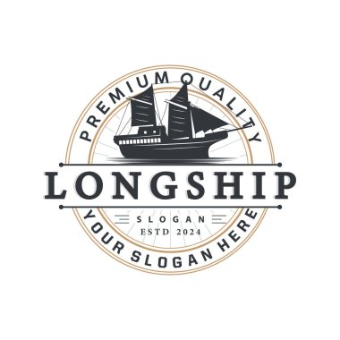 Klasik Viking uzun gemi savaş gemisi logosu geleneksel okyanus yelkenlisi silueti tasarımı