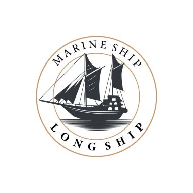 Klasik Viking uzun gemi savaş gemisi logosu geleneksel okyanus yelkenlisi silueti tasarımı