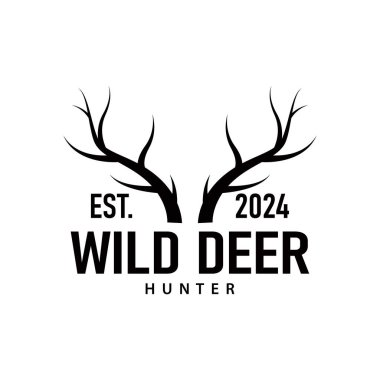 Geyik logosu, klasik geyik avcısı geyik boynuzu tasarımı. Marka çizimi.