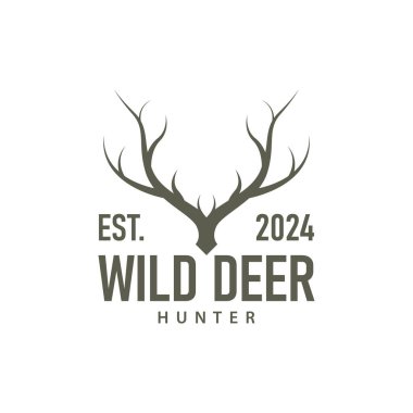 Geyik logosu, klasik geyik avcısı geyik boynuzu tasarımı. Marka çizimi.