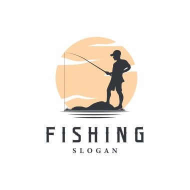 Nehir balıkçısının kanca çizim şablonu ile balık logosu tasarımı silueti