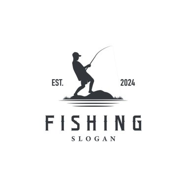 Nehir balıkçısının kanca çizim şablonu ile balık logosu tasarımı silueti