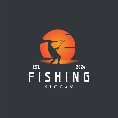 Nehir balıkçısının kanca çizim şablonu ile balık logosu tasarımı silueti