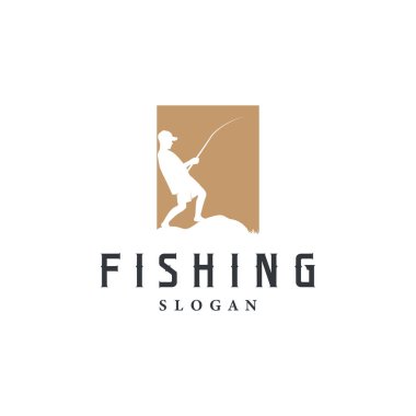 Nehir balıkçısının kanca çizim şablonu ile balık logosu tasarımı silueti