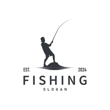 Nehir balıkçısının kanca çizim şablonu ile balık logosu tasarımı silueti