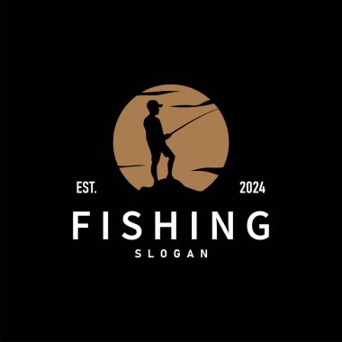 Nehir balıkçısının kanca çizim şablonu ile balık logosu tasarımı silueti
