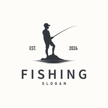 Nehir balıkçısının kanca çizim şablonu ile balık logosu tasarımı silueti
