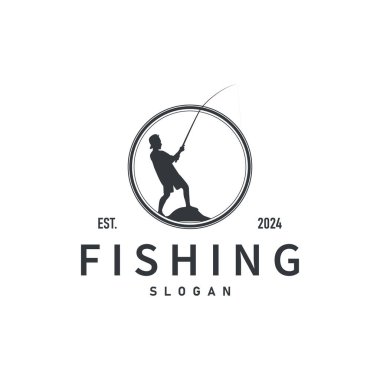 Nehir balıkçısının kanca çizim şablonu ile balık logosu tasarımı silueti