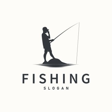 Nehir balıkçısının kanca çizim şablonu ile balık logosu tasarımı silueti