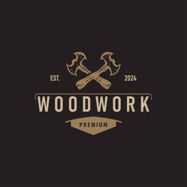 Marangoz ahşap logo tasarımı siluet vintage ahşap iş araçları balta ve ahşap basit illüstrasyon şablonu