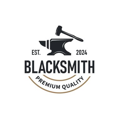 Siyah siluet antika atölye amblemli demircilik logosu tasarımı örs illüstrasyonunu oluşturdu