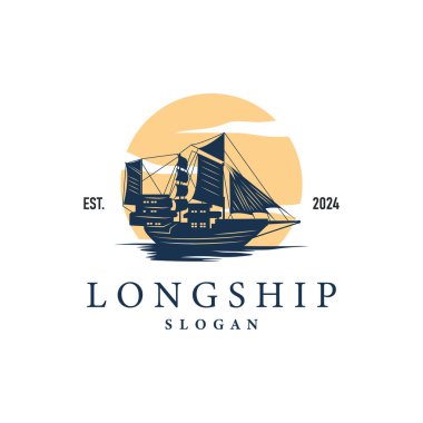 Klasik Viking uzun gemi savaş gemisi logosu geleneksel okyanus yelkenlisi silueti tasarımı