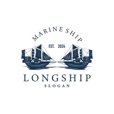 Klasik Viking uzun gemi savaş gemisi logosu geleneksel okyanus yelkenlisi silueti tasarımı