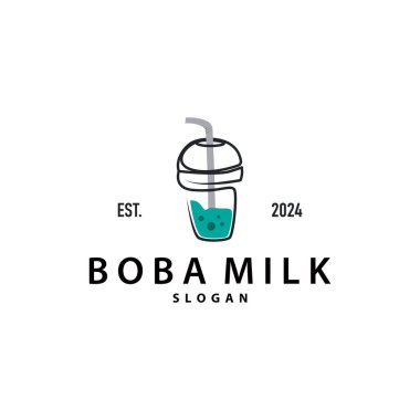 Boba İçeceği Logosu, Süt Çayı Şirin Boba İnci Jöle İçeceği Kabarcık Vektörü Basit Minimalist Tasarım