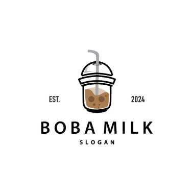 Boba İçeceği Logosu, Süt Çayı Şirin Boba İnci Jöle İçeceği Kabarcık Vektörü Basit Minimalist Tasarım