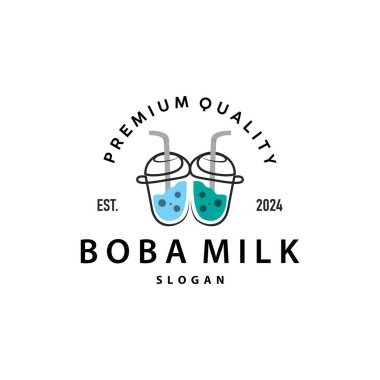 Boba İçeceği Logosu, Süt Çayı Şirin Boba İnci Jöle İçeceği Kabarcık Vektörü Basit Minimalist Tasarım