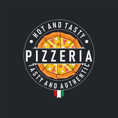 Otantik İtalyan yemek tasarımı pizza logosu illüstrasyon pizzacı konsepti basit eski moda şablon