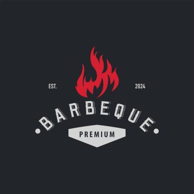 Klasik barbekü logosu olan bir restoran tasarımı. Basit bir barbekü ızgarasında yanan ateş kavramı.