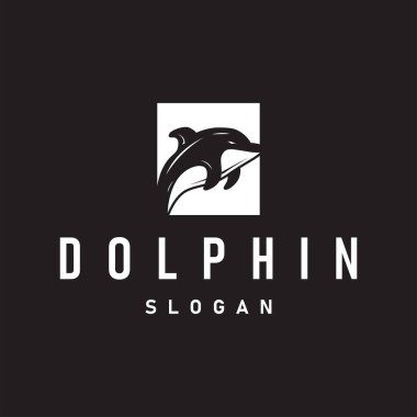 Okyanus hayvanı silueti tasarımı yunus logosu kavramı ve siyah siluet minimalist okyanus ürünü markası şablonu.