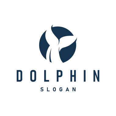 Okyanus hayvanı silueti tasarımı yunus logosu kavramı ve siyah siluet minimalist okyanus ürünü markası şablonu.