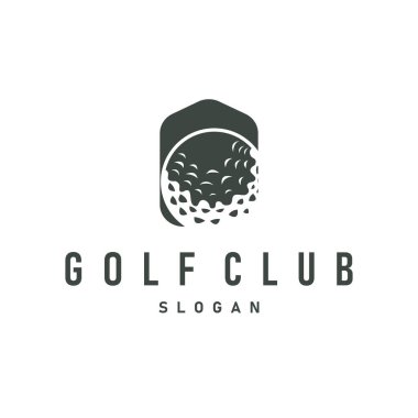 Golf logosu tasarımı açık hava sporu. Basit top ve golf sopası tasarımı. Simgesel olarak siyah siluet.