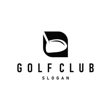 Golf logosu tasarımı açık hava sporu. Basit top ve golf sopası tasarımı. Simgesel olarak siyah siluet.
