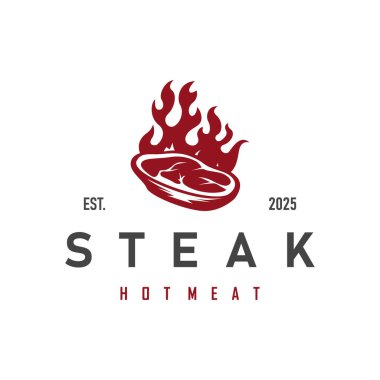 Et, ateş ve bıçakla eski moda minimalist konsepte sahip biftek logosu, ızgara et sembolü illüstrasyonları cazip et restoranı, yemek, bar, kafe ve poster.
