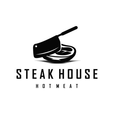 Et, ateş ve bıçakla eski moda minimalist konsepte sahip biftek logosu, ızgara et sembolü illüstrasyonları cazip et restoranı, yemek, bar, kafe ve poster.
