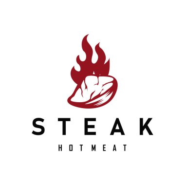 Et, ateş ve bıçakla eski moda minimalist konsepte sahip biftek logosu, ızgara et sembolü illüstrasyonları cazip et restoranı, yemek, bar, kafe ve poster.