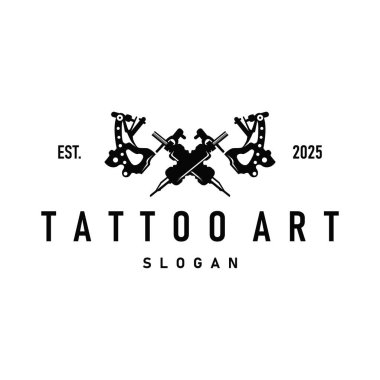 Siyah siluet illüstrasyon logo dövme makinesi eski moda minimalist konsept şablon dövme stüdyo tasarımı