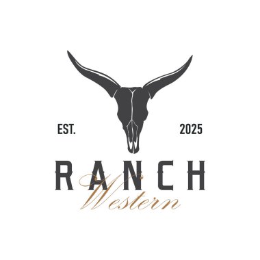 Batı Teksas 'taki eski çiftlik konsept şablonundan Longhorn logo illüstrasyon boynuzu sembollü klasik tasarım konsepti