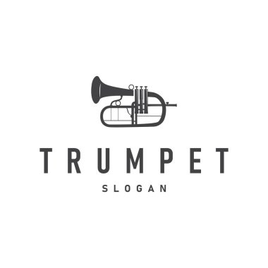 Minimalist müzik trompet logosu. Eski moda konsept siyah siluet. Sembol olarak müzik aletinin silüeti.