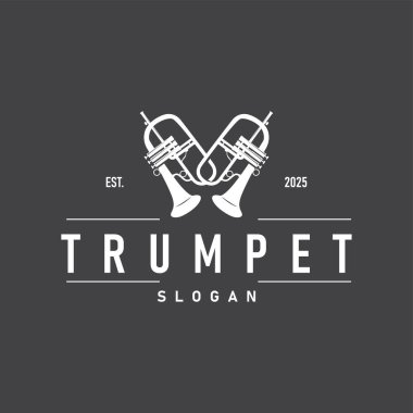 Minimalist müzik trompet logosu. Eski moda konsept siyah siluet. Sembol olarak müzik aletinin silüeti.