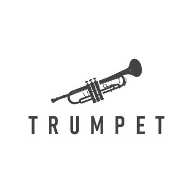 Minimalist müzik trompet logosu. Eski moda konsept siyah siluet. Sembol olarak müzik aletinin silüeti.