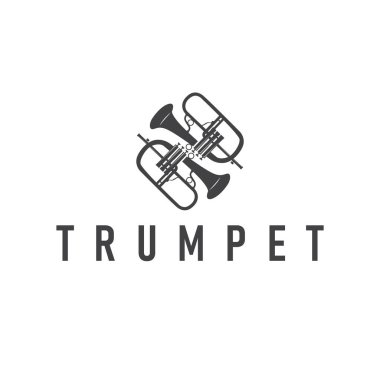 Minimalist müzik trompet logosu. Eski moda konsept siyah siluet. Sembol olarak müzik aletinin silüeti.