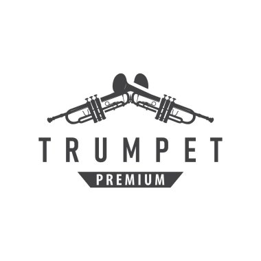 Minimalist müzik trompet logosu. Eski moda konsept siyah siluet. Sembol olarak müzik aletinin silüeti.