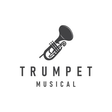 Minimalist müzik trompet logosu. Eski moda konsept siyah siluet. Sembol olarak müzik aletinin silüeti.