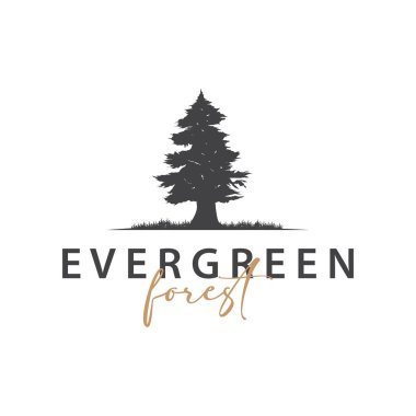 Güzel orman logosu ve sık ağaçları olan doğal güzellik ormanı konsepti tasarımı, taze doğal atmosfer, ürün markası sembolünün çizimi.
