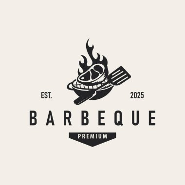 Retro vintage konsept logo tasarımı barbekü barbekü ızgarası basit et ızgarası konsepti, ateş ve spatula tasarımı restoran markası, bar, kafe, dükkan için sembol çizimi