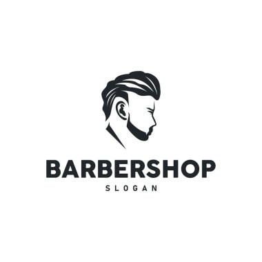 Klasik retro modern berber logosu tasarımı, berber dükkanı konsepti, havalı saç stili ve tıraş malzemelerinin resim çizimlerinin silüeti ürün markası, iş ve dükkan şablonu