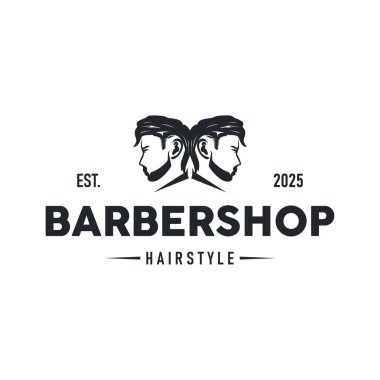 Klasik retro modern berber logosu tasarımı, berber dükkanı konsepti, havalı saç stili ve tıraş malzemelerinin resim çizimlerinin silüeti ürün markası, iş ve dükkan şablonu