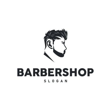 Klasik retro modern berber logosu tasarımı, berber dükkanı konsepti, havalı saç stili ve tıraş malzemelerinin resim çizimlerinin silüeti ürün markası, iş ve dükkan şablonu