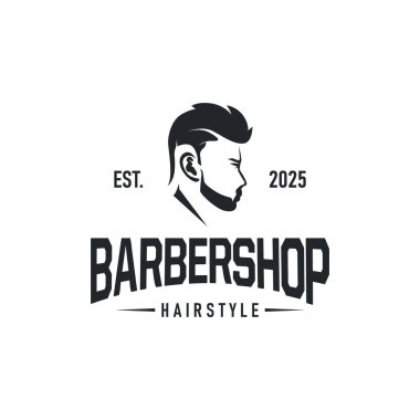 Klasik retro modern berber logosu tasarımı, berber dükkanı konsepti, havalı saç stili ve tıraş malzemelerinin resim çizimlerinin silüeti ürün markası, iş ve dükkan şablonu
