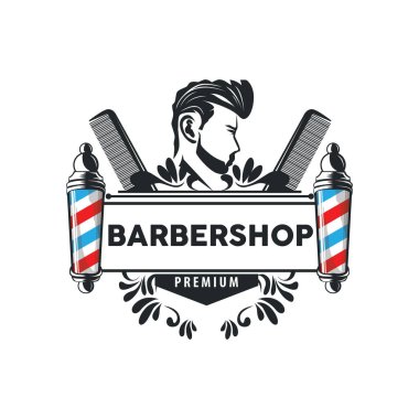 Klasik retro modern berber logosu tasarımı, berber dükkanı konsepti, havalı saç stili ve tıraş malzemelerinin resim çizimlerinin silüeti ürün markası, iş ve dükkan şablonu