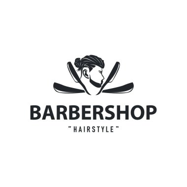 Klasik retro modern berber logosu tasarımı, berber dükkanı konsepti, havalı saç stili ve tıraş malzemelerinin resim çizimlerinin silüeti ürün markası, iş ve dükkan şablonu